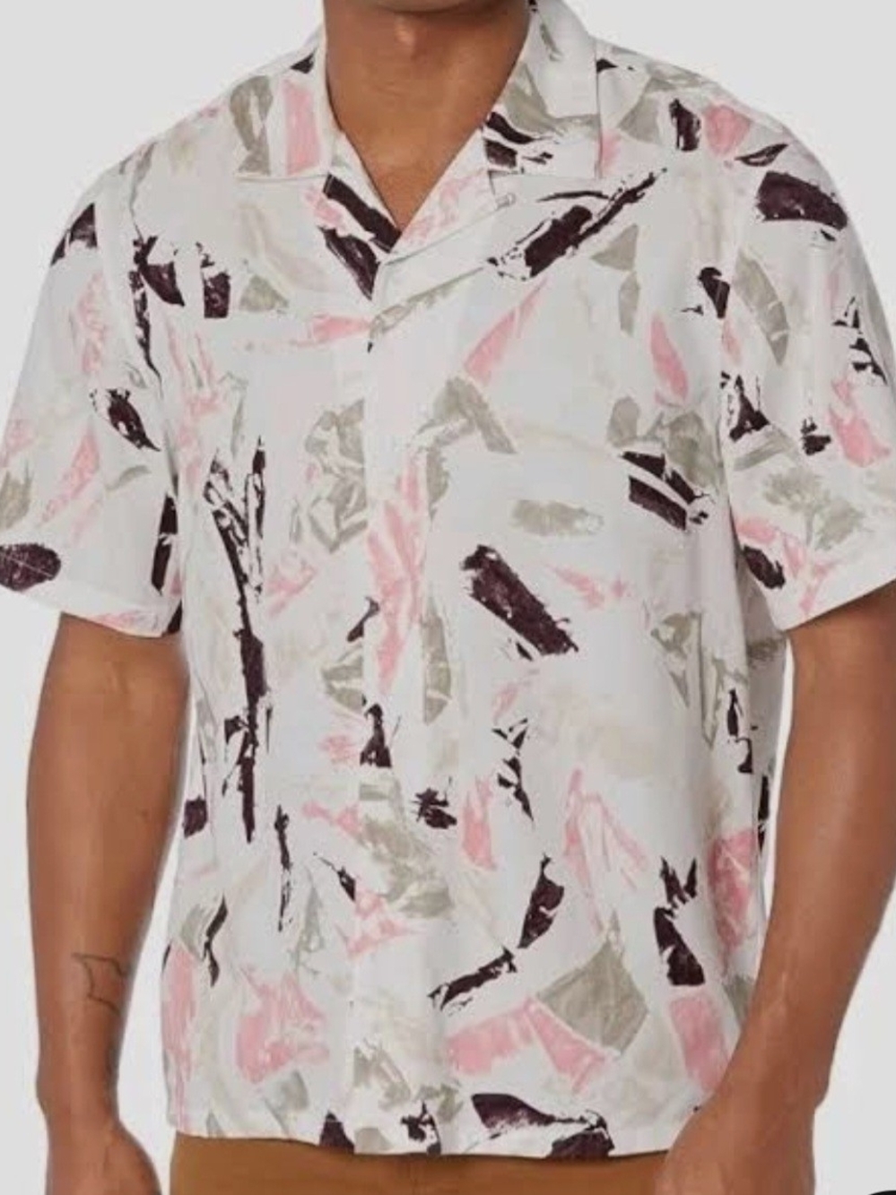 Abstract-Print Short-Sleeve Camp Shirt - White with Pink & Gray